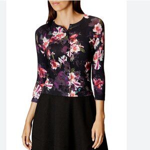 KAREN MILLEN BLACK ORCHID FLORAL KNIT CARDIGAN - M